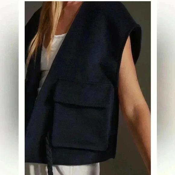 By ANTHROPOLOGIE Maeve Cropped Sweater Vest Boxy  Academia Utility Navy Rope OS - Picture 2 of 12